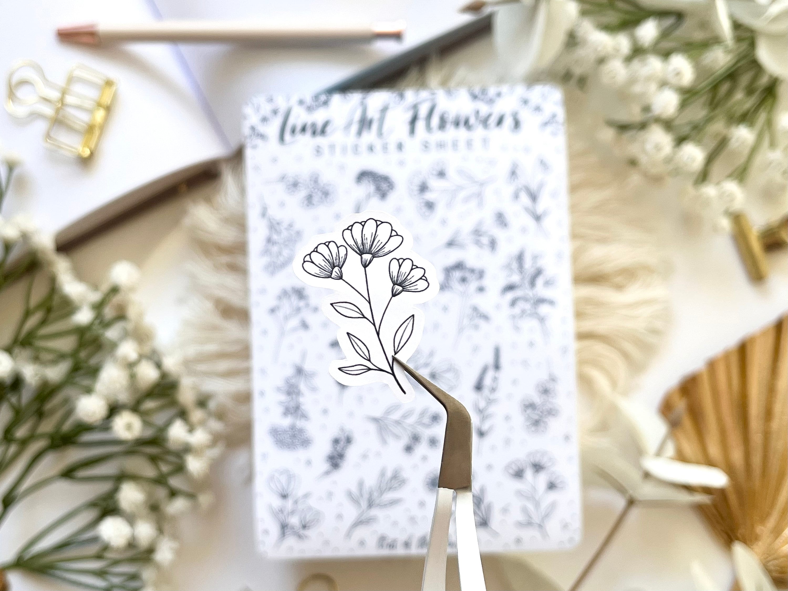 Sticker Sheet Flowers Line Art Black and White, Journal Stickers ...