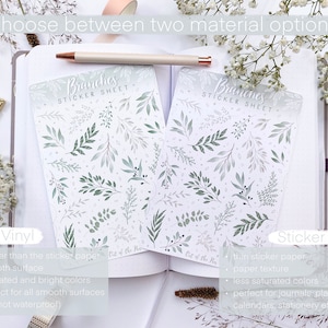 Op de afbeelding: Twee velletjes stickers met een patroon van groene takken op een witte achtergrond. De sticker vellen zijn gelabeld "Branches Sticker Sheet". Het linker vel is gelabeld "Matte Vinyl" en het rechter vel is gelabeld "Sticker Paper". De tekst beschrijft de kenmerken van elk materiaal.