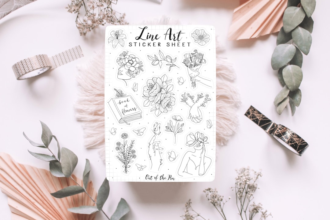Sticker Sheet Lineart Black and White, Journal Stickers Floral ...