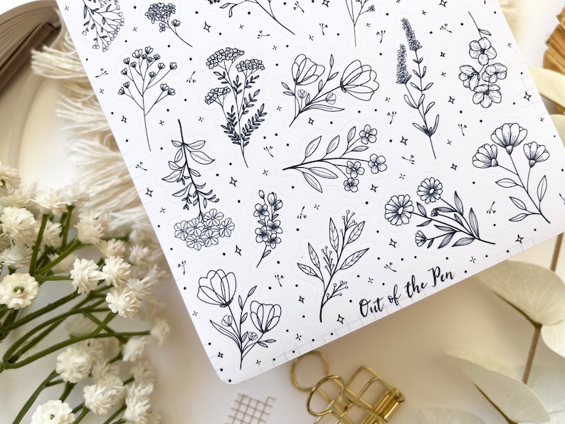 Sticker Sheet Flowers Line Art Black and White Bullet Journal - Etsy