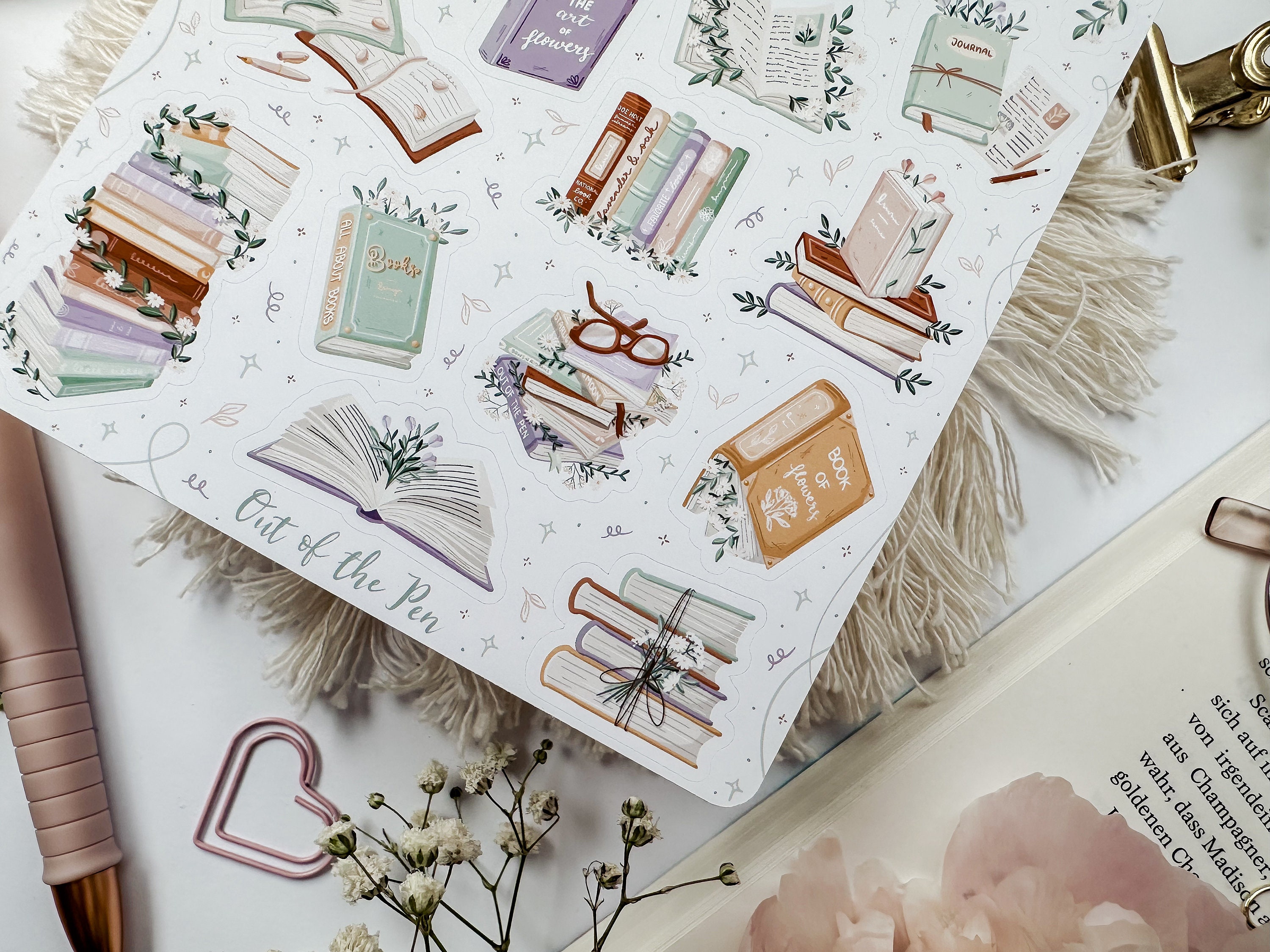 Sticker Sheet Floral Books, Books With Flowers Stickers, Stickers for ...