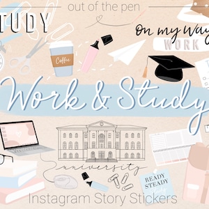 Könnte beinhalten: Ein Set Instagram-Story-Sticker mit Illustrationen von Schulmaterialien, einem Universitätsgebäude und Text, der "Arbeit & Studium" und "Bereit, stabil, Studium" lautet.