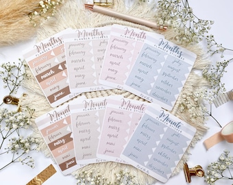 Months Sticker Sheet English or German | 12 Months Sticker Set, Months January to December Sticker Sheet in pink, blue, beige or brown