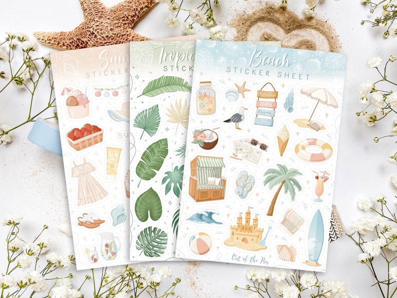 May include: Three sticker sheets with summer themes. The first sheet is titled "Summer Sticker" and features images of a sundress, strawberries, ice cream, and a glass of lemonade. The second sheet is titled "Tropical Sticker" and features images of tropical leaves. The third sheet is titled "Beach Sticker Sheet" and features images of a beach umbrella, a beach towel, a sandcastle, and a surfboard.