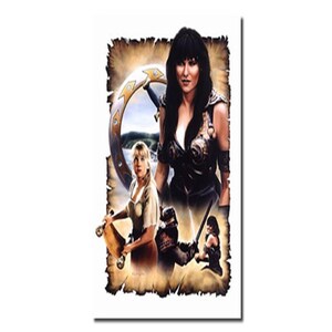 May include: A vintage-style illustration of a woman warrior with a sword and shield, surrounded by other figures in a fantasy setting. The image is set against a parchment background with a distressed look.