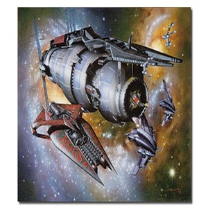 May include: A futuristic space scene with a large, gray spaceship in the center. The spaceship has a long, cylindrical body with a pointed nose and a large, circular engine at the rear. There are several smaller, red and blue spaceships flying around the larger spaceship. The background is a dark blue space with stars and a swirling nebula.