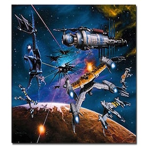 May include: A colorful space scene with a variety of spaceships and a planet in the background. The spaceships are firing lasers at each other. The planet is a reddish-brown color.
