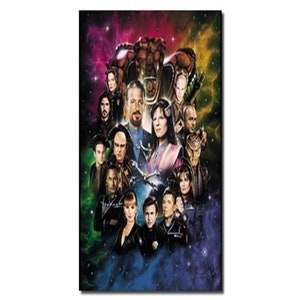 May include: A colorful poster featuring a group of characters from the science fiction television series "Babylon 5". The characters are arranged in a circle around a central image of a planet. The poster is set against a background of stars and nebulae.