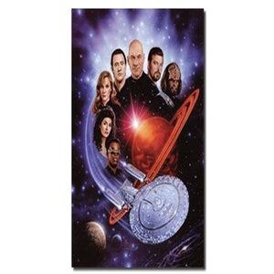 May include: A colorful illustration of the Star Trek: Voyager crew standing in front of a red planet with rings. The crew includes Captain Kathryn Janeway, Commander Chakotay, Lieutenant Tuvok, Ensign Harry Kim, and the Doctor. The USS Voyager starship is flying in the background.