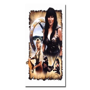 May include: A vintage-style illustration of a woman warrior with a sword and shield, surrounded by other figures in a fantasy setting. The image is set against a parchment background with a distressed look.