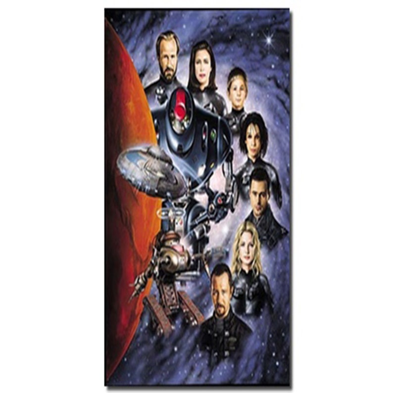 May include: A group of characters from the science fiction television series 'Farscape' stand in front of a red planet. The characters are surrounded by stars and a spaceship. The characters are wearing futuristic clothing and the spaceship is a large, black, robotic device.