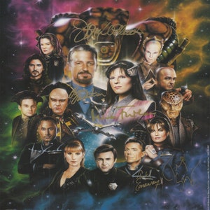 May include: A colorful, space-themed illustration featuring a group of actors from the science fiction television series "Babylon 5". The actors are depicted in their character roles, with their autographs in gold lettering. The image includes the text "Babylon 5" and "The Gathering".