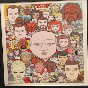 Pode incluir: Uma ilustração colorida de personagens de Star Trek, com as palavras "Emotion" e "Logic" no topo. Os personagens estão dispostos em uma grade, com a figura central sendo um homem careca com uma expressão séria. A ilustração é emoldurada em preto.