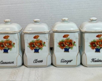 6 Lustrous Antique 30's Czechoslovakia Porcelain Floral Kitchen Spice Canisters