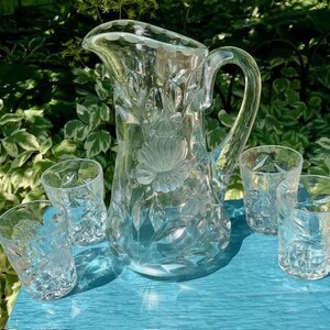 Antique Glass Flowers Butterfly Bird Pitcher with 4 Tumblers U.S. Glass Co 1910&#39;s Rare Set