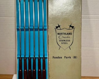 6 Piece Stainless Steel Fondue Forks "Dice-Style" Handles Original Box