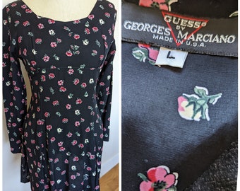 90s Guess floral rayon skater style dress, Guess long sleeve dress, vintage Guess dress, floral mini dress, black floral mini dress