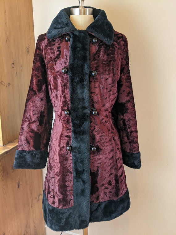 60s faux fur coat, maroon faux fur coat, double br