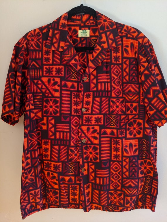 50s aloha shirt, men's tiki print shirt, 50s tiki