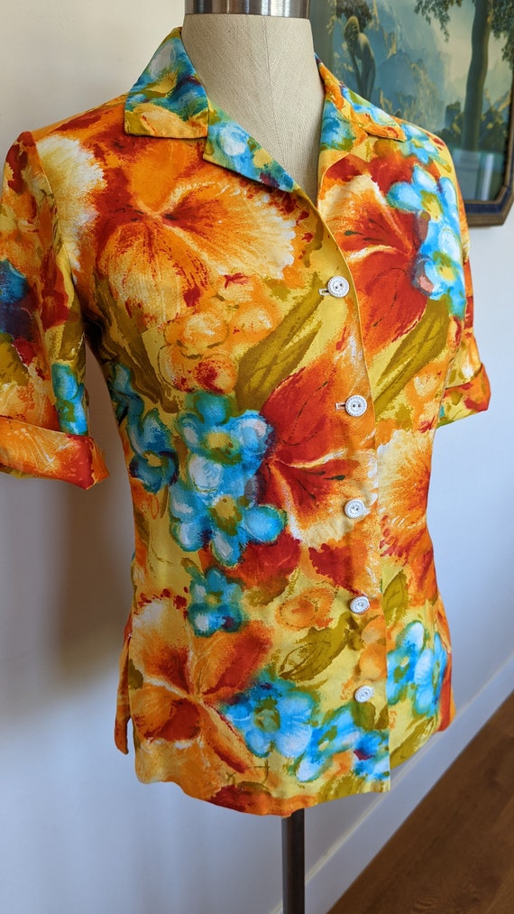 60s cotton floral blouse, 60s watercolor blouse, … - image 4