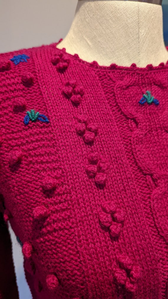 80s wool embroidered sweater, fuschia sweater, vi… - image 3