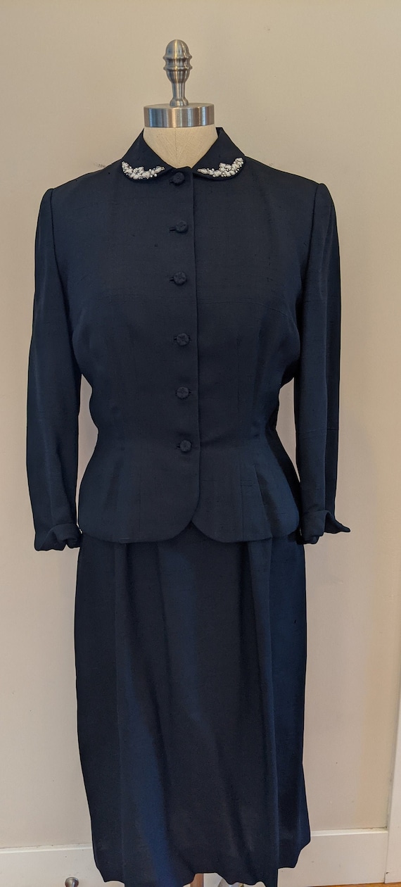50s silk dress suit, embellished dress suit, 2 pie