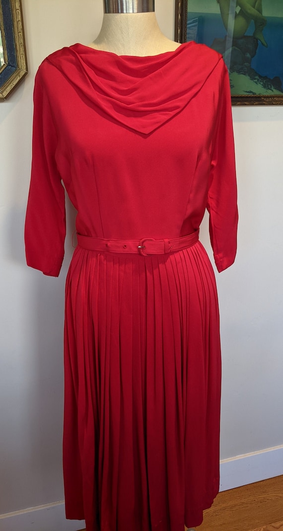 50s red pleated dress, 50s rayon dress, vintage pl