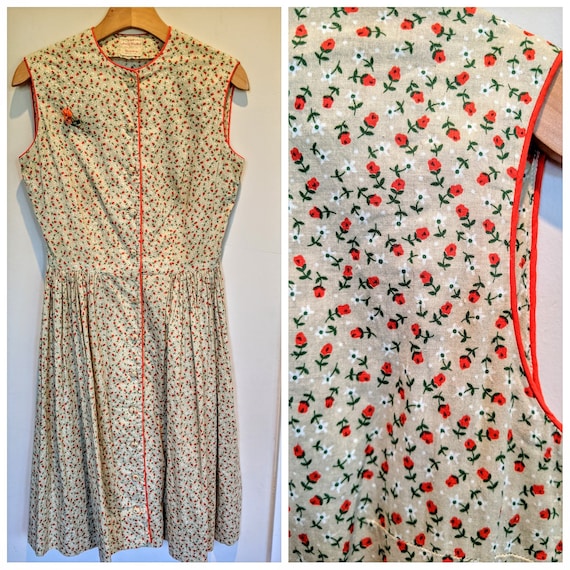 60s rose print dress, sleeveless floral dress, 60s summer dress, fit & flare dress, cottage core, rose dress, vintage floral dress
