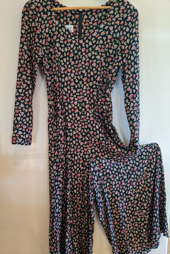 90s floral jumpsuit, palazzo style, cottage core,