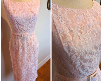 60s pink lace overlay dress, 60s lace wiggle dress, lace overlay dress, pink lace dress