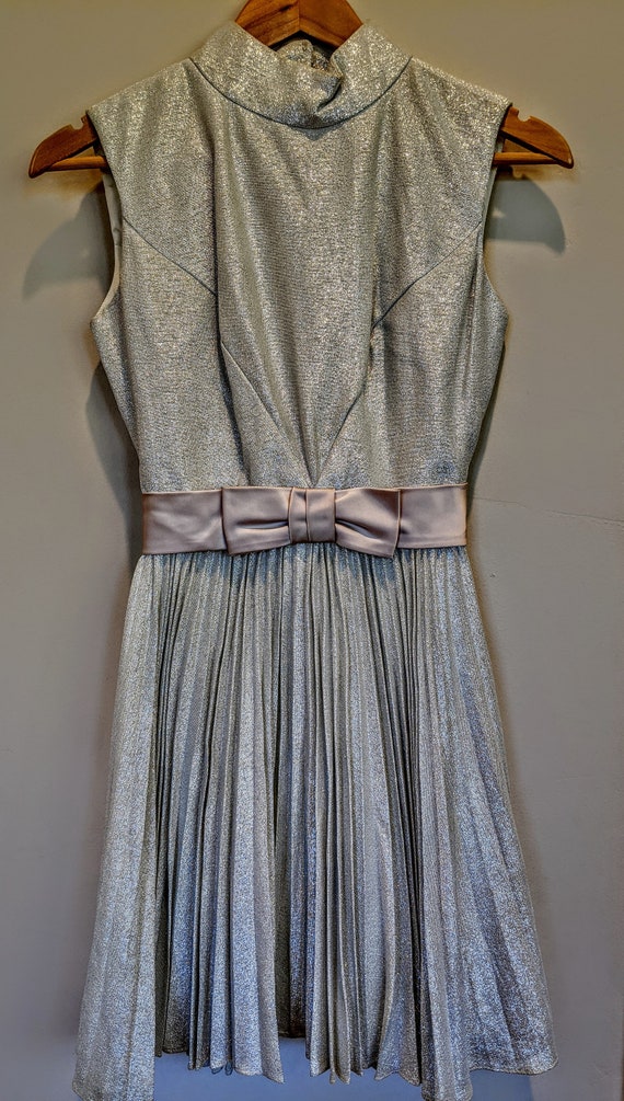 60s silver lurex party dress, pleated skirt