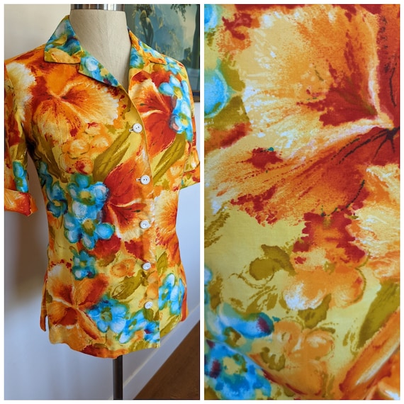 60s cotton floral blouse, 60s watercolor blouse, s