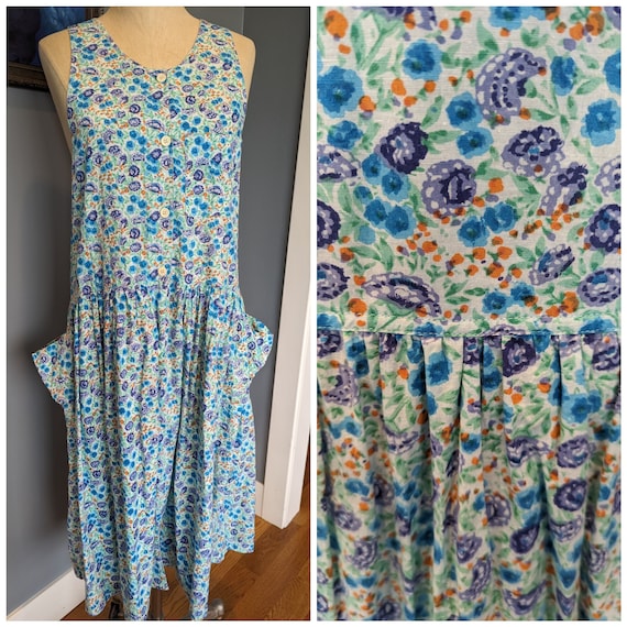 80s floral sundress, big pockets sundress, cottage