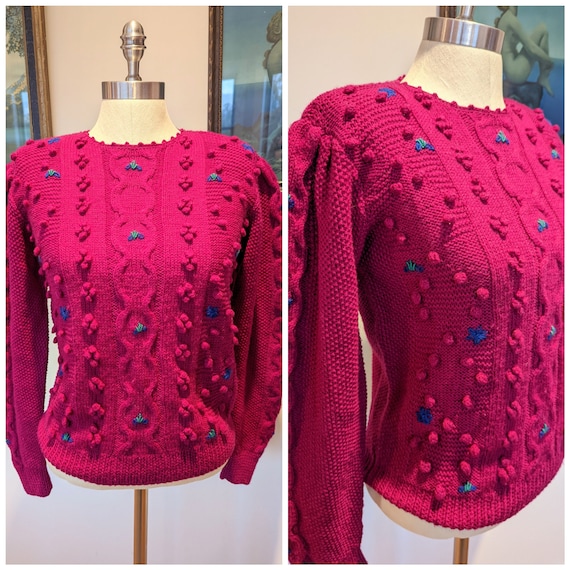80s wool embroidered sweater, fuschia sweater, vi… - image 1