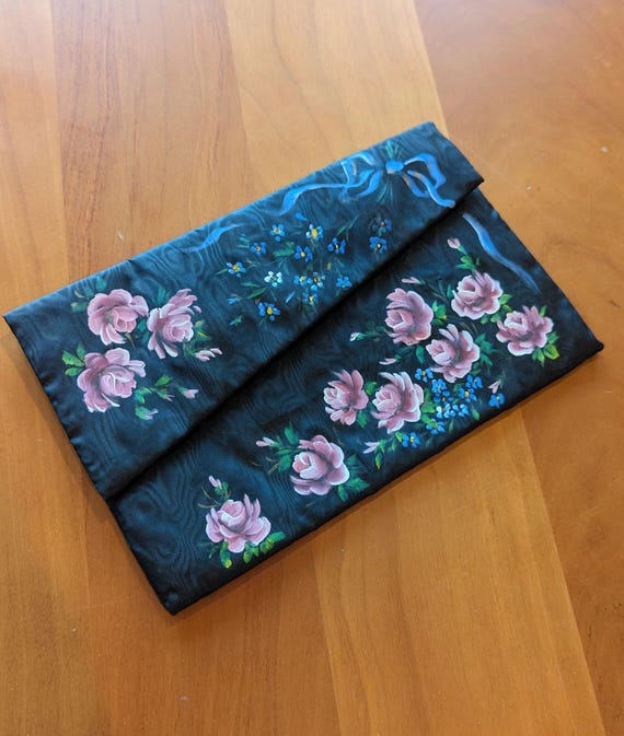 40s hand painted wallet, antique wallet, floral wallet,  hand painted soft wallet, signed painted wallet