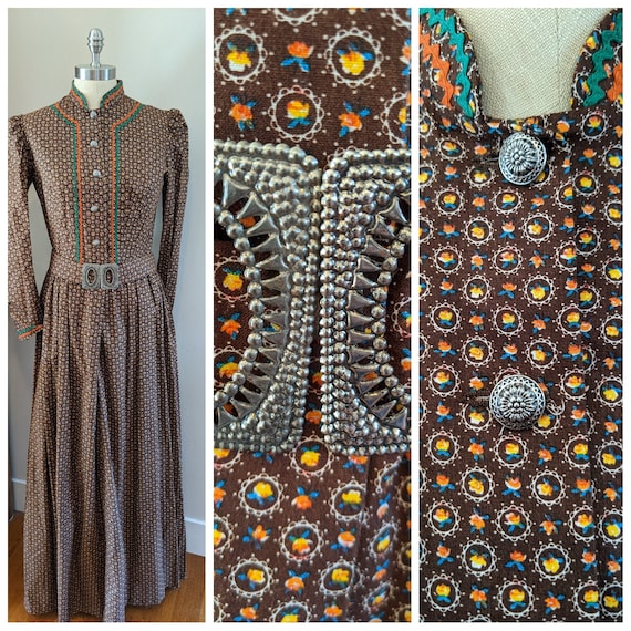 70s calico prairie dress, calico dress, 70s belted