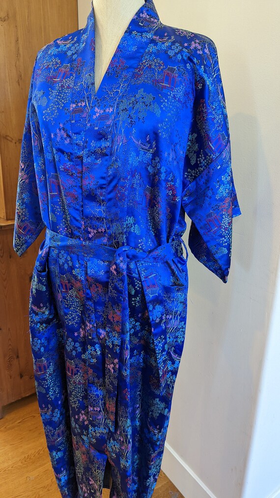 60s Chinese brocade robe, royal blue brocade robe… - image 5