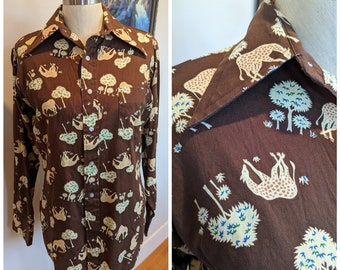 70s novelty shirt, 70s animal shirt, 70s giraffe shirt, fun button up shirt, giraffe button up shirt, vintage novelty shirt