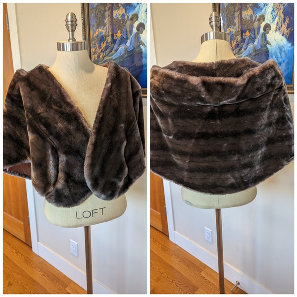 Vintage faux mink stole, 60s faux mink stole, vegan mink stole, vegan fur stole, faux fur stole with pockets, faux fur wrap