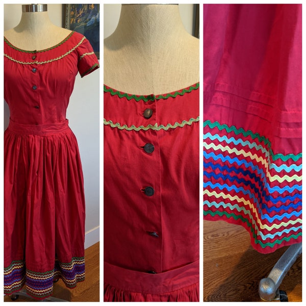 Vintage 50s Handmade Black & Pink Southwestern Rockabilly Patio Skirt Set