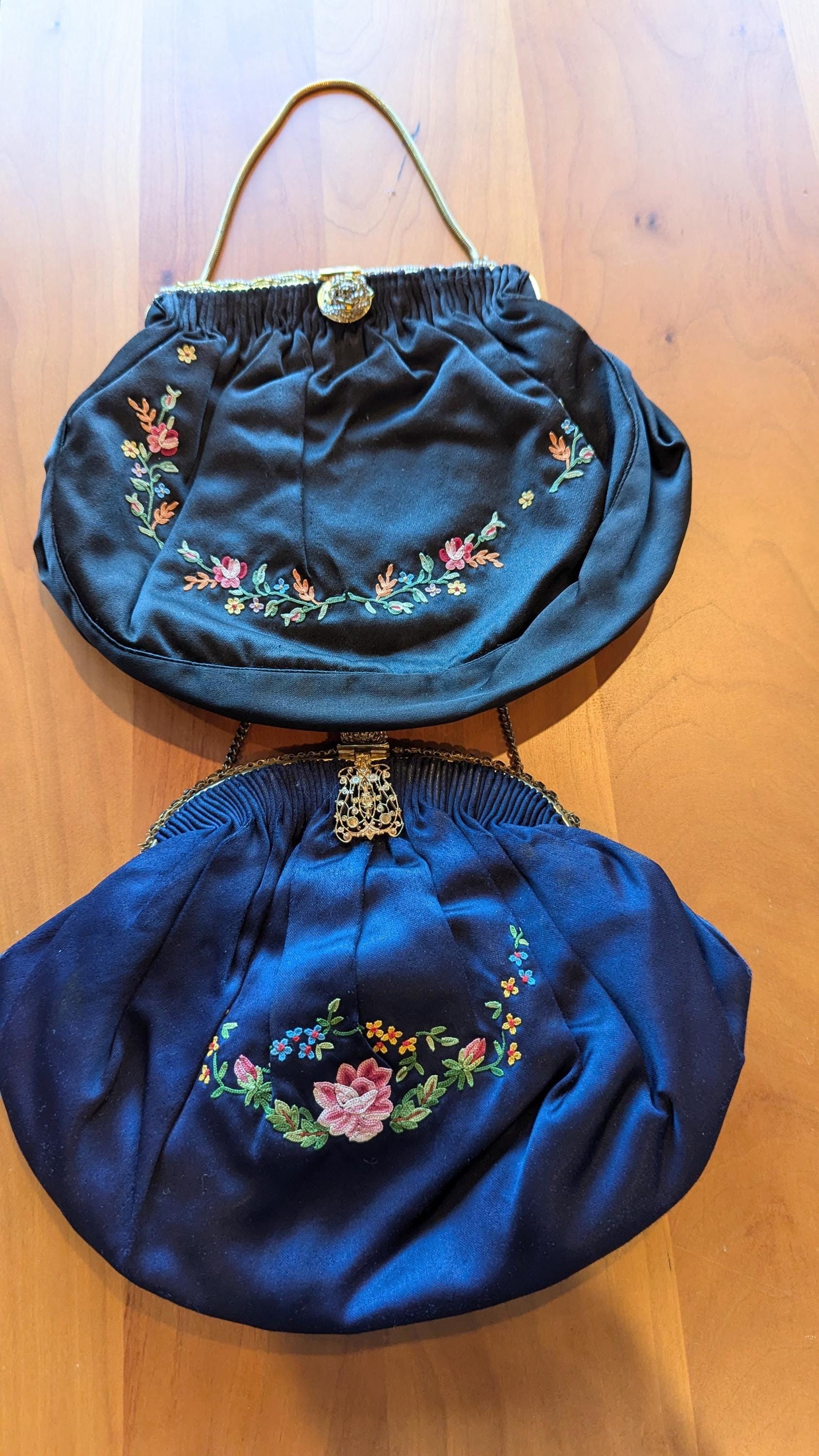 Set of (2) silk embroidered pursed from France, hand embroidered purses, 30s embroidered purses