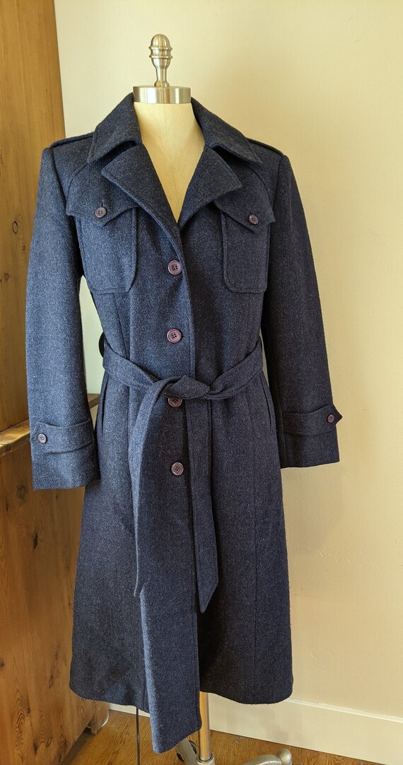 70s wool trench coat, dusty blue. vintage trench c