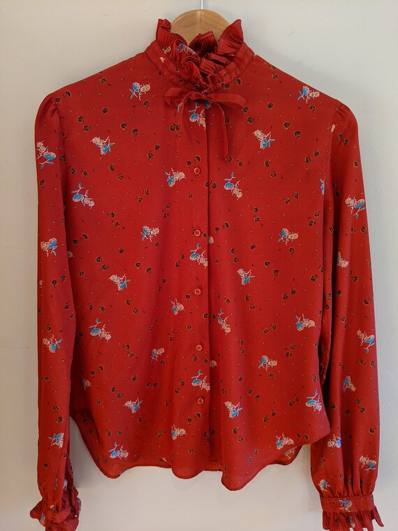 70s ruffle & floral blouse, vintage ruffle blouse,