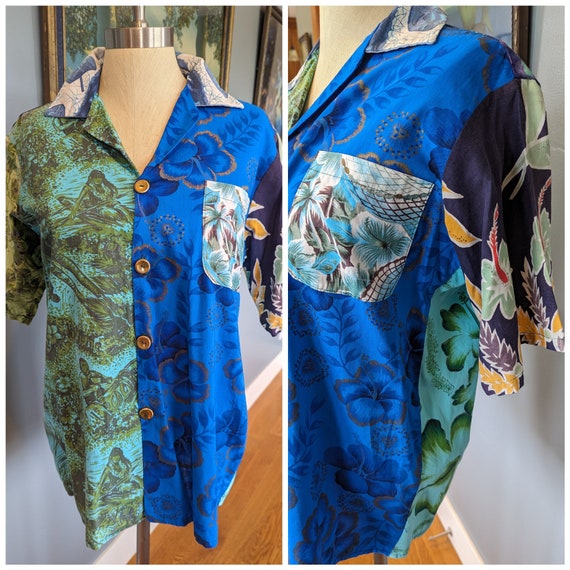 80s Hawaiian shirt, vintage patchwork Hawaiian shi