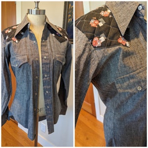 70s western chambray shirt with quilted yoke, 70s western shirt, gray chambray shirt, vintage western shirt, 70s dagger collar, 70s 70s western chambray shirt with quilted yoke, 70s western shirt, gray chambray shirt, vintage western shirt, 70s dagger collar, 70s