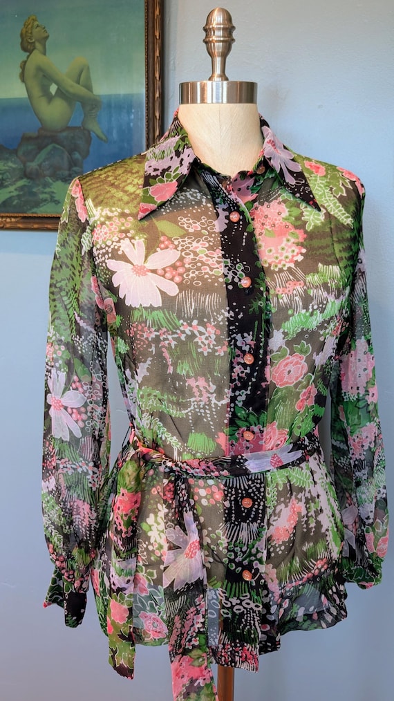 70s sheer floral tunic blouse, vintage floral blouse, summer blouse, sheer summer blouse, floral blouse, 70s summer fashion