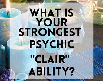 Pode incluir: Uma composição com velas azuis acesas, cristais, uma bola de cristal e cartas de tarot. O texto diz: "QUAL É A SUA HABILIDADE PSÍQUICA 'CLAIR' MAIS FORTE?" e "LEITURA DE TAROT".