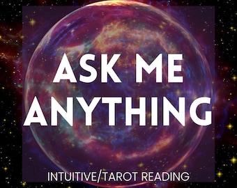 Pode incluir: Imagem digital com um fundo cósmico e um planeta grande e colorido. O texto "ASK ME ANYTHING" é exibido em branco, com "INTUITIVE/TAROT READING" e "KRISTY DIVINE" abaixo. O design é emoldurado por um quadrado roxo escuro.