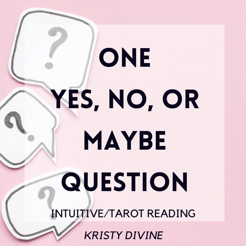 Pode incluir: Um fundo rosa com tr&ecirc;s bal&otilde;es de fala contendo pontos de interroga&ccedil;&atilde;o. O texto diz "ONE YES, NO, OR MAYBE QUESTION" e "INTUITIVE/TAROT READING KRISTY DIVINE".