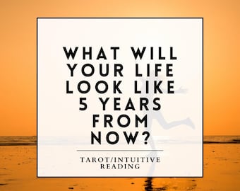 May include: A square graphic with the text "WHAT WILL YOUR LIFE LOOK LIKE 5 YEARS FROM NOW?" against a sunset backdrop. Below the text is "TAROT/INTUITIVE READING". A silhouette of a person running is visible.